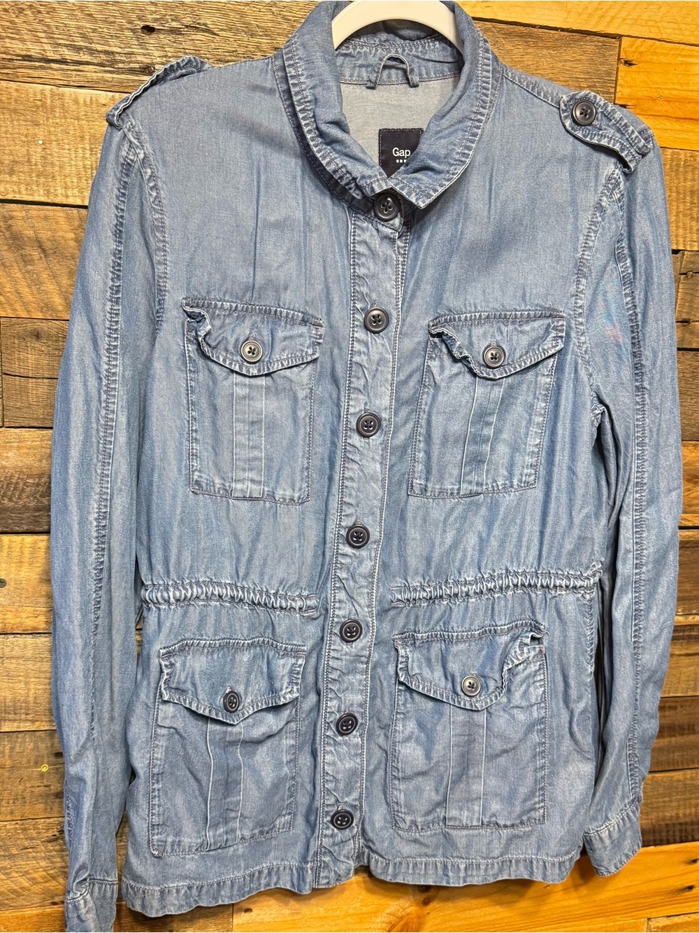 Gap Womens Large Utility Chambray Denim Jacket Light Indigo Button Zip Patch Poc